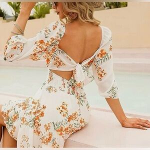 Exlura Off Shoulder Orange Floral Country Shabby Chic Coquette Mini Dress